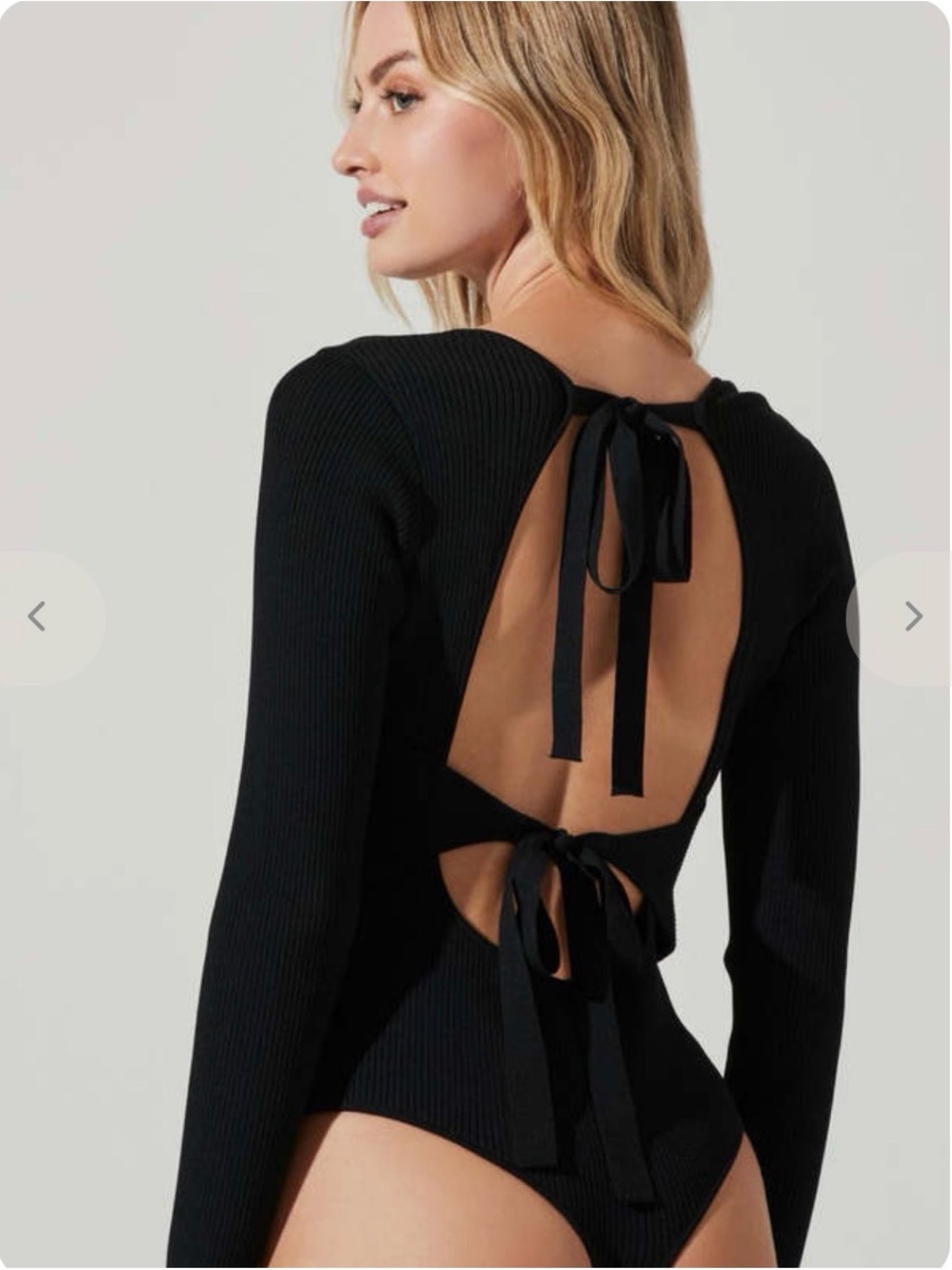 Astr Black Long-Sleeve Ribbed Bandeau Bodysuit with Open Back Ties | Size XL